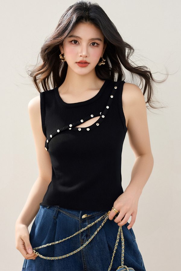 Round neck slim tops hollow short T-shirt for women