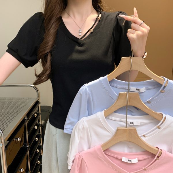 Loose white summer tops short sleeve V-neck T-shirt